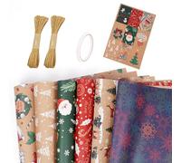 Christmas Wrapping Paper, Recycled Brown Kraft Xmas Wrapping Paper, 6 Folded Sheets 70x50cm with 6 Christmas Designs for Xmas Gift Wrap, Party Decoration (Bonus 2pcs Jute String and 9 Tags)