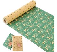 Christmas Wrapping Paper Roll - 15m x 44cm Large Recyclable Kraft Gift Wrap - Double Sided Design (Green Reindeer & Polka Dots) - Eco Friendly, Heavy Duty 80gsm Sustainable Paper for Xmas & Crafts