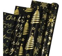 Christmas Wrapping Paper Roll - 3 Rolls 44cm x 3m, Black and Gold Foil Snowflake Christmas Tree Gift Wrapping Paper for Xmas New Year Winter Holiday Festival Birthday