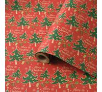 Christmas Wrapping Paper Roll, 43cm×10M Recyclable Kraft Wrapping Paper Printed with Various Patterns, Xmas Gift Wrapping Paper for Xmas Party Gift Boxes Present (Red Christmas Tree)