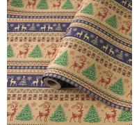 Christmas Wrapping Paper Roll, 43cm×10M Recyclable Kraft Wrapping Paper Printed with Various Patterns, Xmas Gift Wrapping Paper for Xmas Party Gift Boxes Present (Vintage elk)