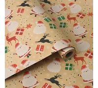 Christmas Wrapping Paper Roll, 43cm×10M Recyclable Kraft Wrapping Paper Printed with Various Patterns, Xmas Gift Wrapping Paper for Xmas Party Gift Boxes Present (Santa and Gift)