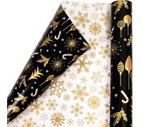 Christmas Wrapping Paper Roll 43cm x 10m, Black Gold Reversible Christmas Wrapping Paper Roll, Luxury Black and Gold Snowflake Gift Wrap Paper for Xmas New Year Winter Holiday Party Gift Decorations