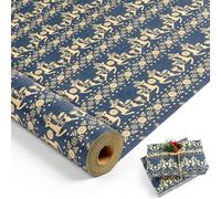 Christmas Wrapping Paper Roll, 43CM x 15M Navy Blue Vintage Xmas Wrapping Paper Roll, Snowflake, Floral Reindeer Gift Wrapping Paper for Christmas, New Year, Winter Holiday