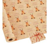 Christmas Wrapping Paper Roll, 44cm*15m Recyclable Brown Kraft Xmas Wrapping Paper, Reindeer Design for Xmas Gift Wrap, Party Decoration