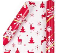 Christmas Wrapping Paper Roll, Reversible Christmas Wrapping Paper Mini Roll, Recyclable Red White Snowflake Reindeer Gift Wrapping Paper Gift Wrap for Xmas New Year Party Gift Decorations, 43cm x 10m