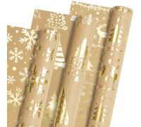 Christmas Wrapping Paper Rolls, Metallic Gold Foil - Brown Kraft Xmas Wrapping Paper Rolls, Gift Wrapping Paper for Women Men, Wrapping Paper for Christmas New Year Winter, 3 Rolls, 43cm x 3m Per Roll