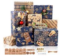 Christmas Wrapping Paper Sheets, 6 Sheet Navy Blue and Brown Recycled Kraft Wrapping Paper with Tags Stickers, Xmas Wrapping Paper for Gifts Wrapping Arts Crafts Decorations, 5 Designs, 70 x 50cm