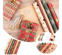 Christmas Wrapping Paper Sheets Red Green Kraft Paper 6 Rolls Christmas Elements Collection with Snowflake/Tree/Red Stripe/Merry Christ-Pattern 50x70cm (B-2 sheets)