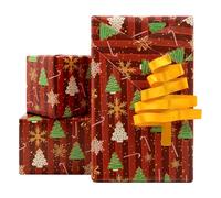 Christmas Wrapping Paper Sparkling Snowflakes Crutches Tree Merry Christmas Red Gift Wrap Paper with Gold Ribbon Set, 4 Sheets Folded Flat DIY Craft Art Paper for Xmas Holiday Party Celebration