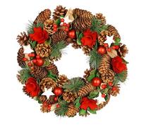 Christmas Wreath 14" Wooden Star Door Wreath Garland - D35cm (CP36) | Pine Cones, Wooden Roses, Red Baubles, Artificial Foliage, Faux Berries, Wooden Stars