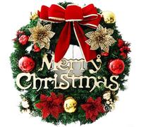 Christmas Wreath 32cm with Red Flowers and Golden Balls, Green Holiday Garland for Indoor or Outdoor Door, Wall and Window Decoration, Reusable Seasonal Ornament(Four pieces of money)