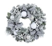 Christmas Wreath Artificial Snow Covered Silver Pine Grey Tartan Bows 60cm