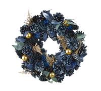Christmas Wreath Blue Pine Cone Front Door Wreath with Gold Fern Leaf & Bauble Decorations Indoor/Outdoor Xmas Winter Wreath 13"