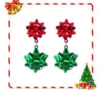 Christmas Wreath Dangle Earrings With Bell: Green Festive Earrings For, Rubber, No Gemstone