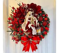 Christmas Wreath Decorations Indoor Outdoor,Holy Family Wreath Decorations,Jesus Nativity Scene Wreaths,Christmas Front Door Wreaths with Bow Ribbon,Winter Xmas Wreaths for Windows Wall Decor (A)