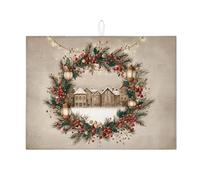 Christmas Wreath Dish Drying Mats for Kitchen Counter, Rustic Greenery Holiday Absorbent Dish Drainer Rack Mat, Cozy Microfiber Drying Pad for Kitchen Counter Home Decor 18x24 Inch