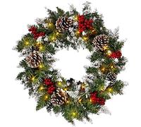 Christmas Wreath, Door Wreaths Outdoor Christmas, 45cm/18in Christmas Wreath with Lights Battery Operated, Artificial Garlands with Pine Cones, Snowflakes, Berries for Front Door Holiday Home Decor