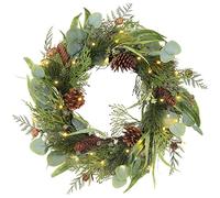 Christmas Wreath for Front Door, 45cm/18’’ Xmas Artificial Hanging Wreath Decorations with 30 LED lights, Pine Cones, Eucalyptus Leaves, Pre Lit Ornaments for Wall, Home Decor