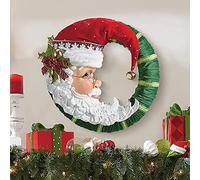 Christmas Wreath for Front Door, Jolly Santa Wreath Santa Wallpiece with Ribbon Bow & hat, Funny Outdoor Indoor Xmas Tree Ornament Vintage Holiday Decorations for The Home Party Hanging Ornaments