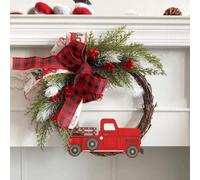 Christmas Wreath for Front Door, Red Truck Christmas Door Wreath with Bowknot, Funny Christmas Door Decor For Home Farmhouse Indoor Outdoor, Rustic Round Wood Wreaths Wall