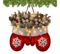 Christmas Wreath - Holiday Mitten Decoration, Led Lighted Ornamentation, Velvet Festive Ornament, Pine Cones | Red Berry Christmas Hanging Wreath for Farmhouse Window Mantel Porch Party Wedding