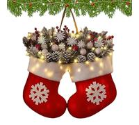 Christmas Wreath Indoor | Mitten Christmas Lighted Wreath - Holiday Decorations with Red Berries Pine Cones Branches for Wedding Party Mantel Farmhouse Window Porch Patio