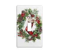 Christmas Wreath Light Switch Cover Plates/Outlet Covers, Festive Red Stocking with Pinecones and Berries, Thermoplastic Wall Plates, Standard Size Triple Toggle