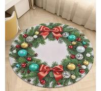 Christmas Wreath of Evergreen Branches Area Rug Washable Circle Carpet Non-Slip Round Floor Rug Small Low Pile Waterproof Print Door Mat Pad Decor for Bedroom Living Room Bathroom Kitchen 60 * 60cm