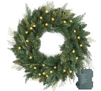 Christmas Wreath Pre-lit 24 inch with 50 Led & Cupressus Tips, Battery Operated Artificial Christmas Wreaths for Front Door with Timer Lights, Wreath for Christmas Decoration Door Windows Wall Green