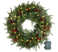 Christmas Wreath Pre-lit 24 inch with 50 Light & Pine Cone, Artificial Christmas Wreaths for Front Door with Lights, Wreath for Christmas Decoration Door Windows Wall Green