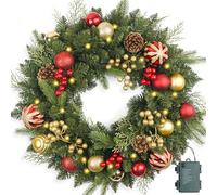 Christmas Wreath Pre-lit 24 inch with 50 Light & Red Gold Ball Pine Cone, Artificial Christmas Wreaths for Front Door with Lights, Wreath for Christmas Decoration Door Windows Wall Green