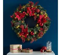 Christmas wreath， Pre-Lit Artificial Christmas Wreath, Real Touch Garland, with Pine Cones, Red Ball, Flower, Decorations for Door Wall & Mantel(Red,50cm/19.6in)