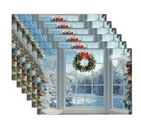 Christmas Wreath Printed Table Placemats - Ideal For Kitchen Dining Table - Non-Slip Washable Heat Resistant - Forest View Through The Window Fabric Tablemats - Pack Of 8 - Blue And White - 45X30Cm