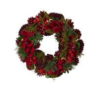 Christmas Wreath Red Pine Cone Front Door Wreath with Artificial Foliage, Red Wooden Flowers & Faux Berry Decorations Indoor/Outdoor Xmas Winter Wreath 12"