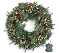 Christmas Wreath Snowy Pre-lit 24 inch with 50 Light & Pine Cone, Artificial Christmas Wreaths for Front Door with Lights, Wreath for Christmas Decoration Door Windows Wall Green
