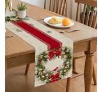 Christmas Wreath Table Runner,Red Holiday Decor with Cardinal and Bow Design for Festive Dining Table Decoration 13x72 Inch