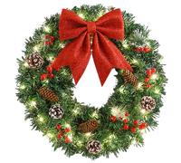 Christmas Wreath with LED Lights, 16inch Pre-lit Hanging Christmas Wreath with Large Bow, Pinecone & Red Berries for Front Door Holiday Decorations