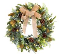 Christmas Wreath with LED Lights, 18inch Pre-lit Hanging Christmas Wreath with Large Bow, Pinecone & Leaves for Front Door Holiday Decorations