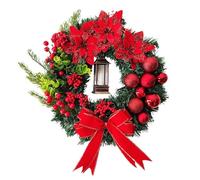 Christmas Wreath with LED Oil Lamp & Bow, 40cm Pre Lit Christmas Wreaths for Front Door, Artificial Christmas Wreath Door Decorations, Artificial Berry Grass Bow Ornaments Decorations