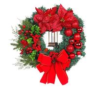 Christmas Wreath with Lights - 40cm Large Decorative Bow Wreath | Country Decoration for Home, Mantle, Front Door, Wall, Window and Kitchen | Red & Gold Lighted Christmas Decorations