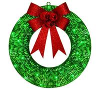 Christmas Wreath with Lights and Bow 11.81" Green Metal Artificial Wreath for Front Door, Outdoor, and Home Décor