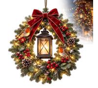 Christmas Wreath with Lights, Christmas Wreaths for Front Door with Lantern | 40 cm christmas wreath with robin birds, pinecones, red berries and warm led lights, great for door, window, fireplace