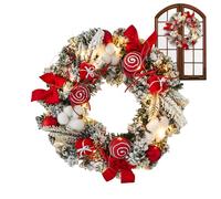 Christmas Wreath with Lights, Outdoor Christmas Wreaths for Front Door, Large Artificial Christmas Wreath, Snowy Flocked Christmas Wreath Decorations with LED Lights and Balls
