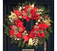 Christmas Wreaths for Front Door,Winter Wreaths for Indoor and Outdoor Christmas Decorations,Christmas Door Wreath with Red Christmas Flowers and Golden Ball,Pine Cones for Christmas Decor