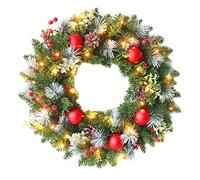 Christmas Wreaths For Front Door With Lights, Artificial Door Wreaths Outdoor, Xmas Wreath For Door, Christmas Decorations Home Decor Led Light Up Pvc Wreath Pine Battery Cones + Red Berries (40CM)