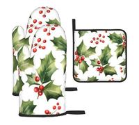 Christmas Xmas Holly Leaf Printed Oven Mitts And Pot Holders Sets Oven Mitts Heat Resistant Oven Gloves For Cooking Baking Kitchen BBQ