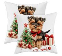 Christmas Yorkshire Terrier Throw Pillow Covers, Cute Dog Holiday Cushion Case, Festive Winter Decoration for Home Sofa Bedroom Living Room 16x16 Inch
