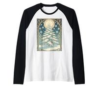 Christmas Yule Tree with Snow and Star-Shaped Ornaments Raglan Baseball Tee