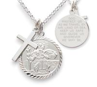Christopher James of London | 19mm St. Christopher Pendant and Cross 16" Necklace | Solid 925 Sterling Silver 2mm Belcher Chain | Travellers Prayer on Pendant | Gift Box Included